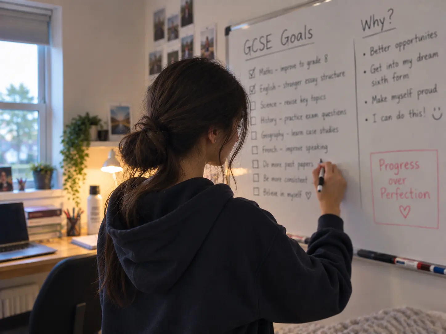 A GCSE student planning study goals on a whiteboard