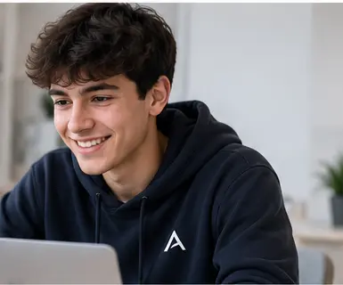 A young Aoden tutor smiling during an online lesson